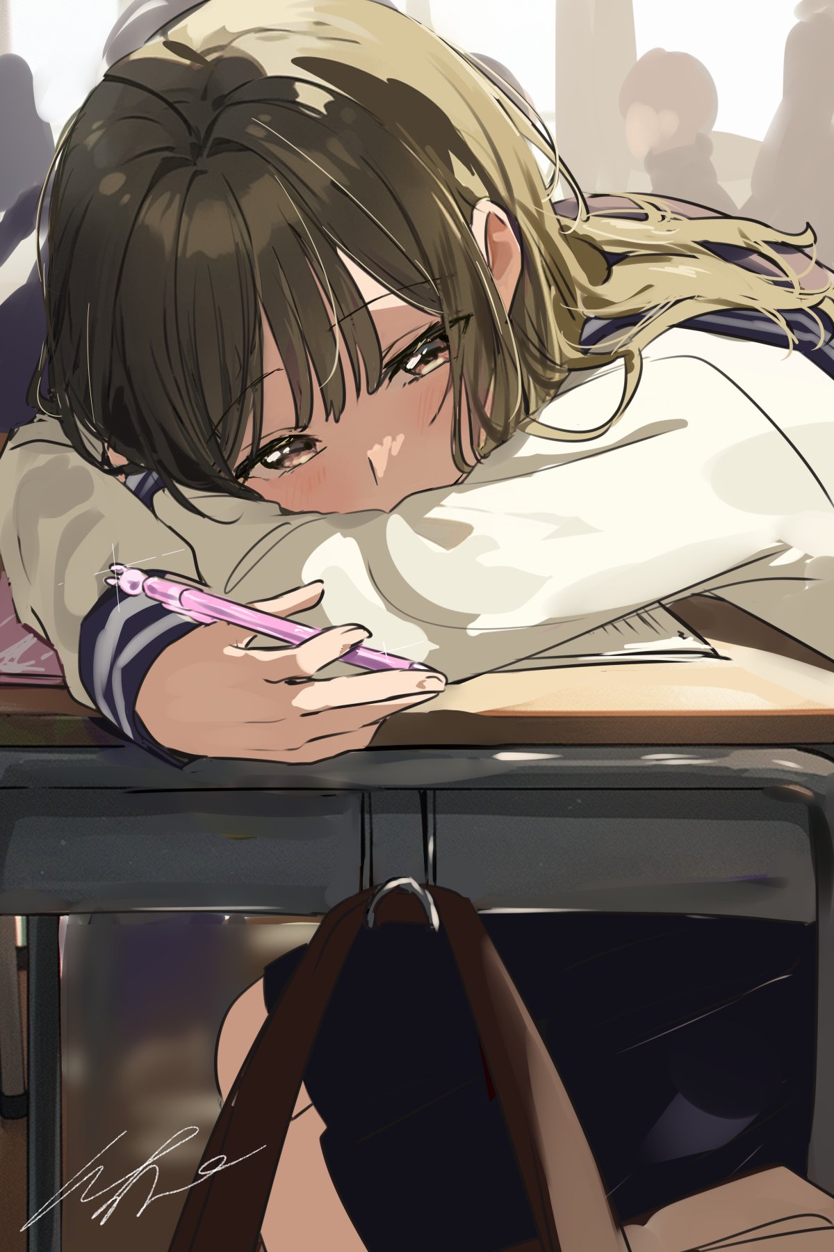 1girl bag blunt_bangs brown_eyes brown_hair class desk head_rest highres holding holding_pen leaning_on_table long_hair long_sleeves original pen pomu sailor_collar school_bag school_desk school_uniform serafuku signature sitting skirt solo_focus