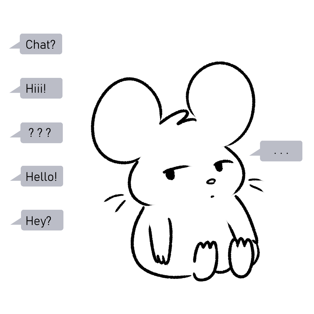 annoyed anthro chat chat_program cricetid dialog_balloon ellipsis greeting hamster male mammal monochrome nishi_oxnard oxynard rodent simple_background sitting solo unresponsive whiskers white_background