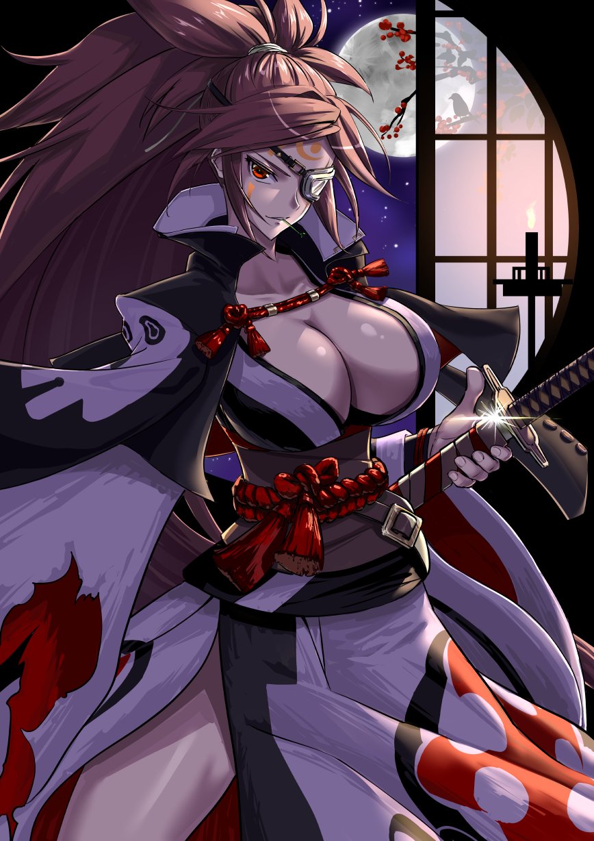 1girl baiken big_hair black_jacket black_kimono breasts eyepatch facial_tattoo full_moon guilty_gear guilty_gear_strive highres holding holding_sword holding_weapon jacket jacket_on_shoulders japanese_clothes kaijin-m kataginu katana kimono large_breasts long_hair long_sleeves looking_at_viewer moon multicolored_clothes multicolored_kimono one-eyed open_clothes open_kimono pink_hair red_eyes samurai scar scar_across_eye scar_on_face sword tassel tattoo torn_sleeve weapon white_kimono