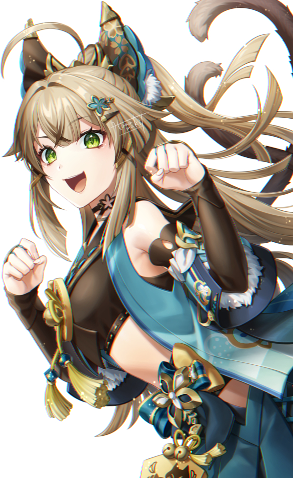 1girl ahoge animal_ear_fluff animal_ears bare_shoulders black_shirt blonde_hair cat_ears cat_girl cat_tail crop_top detached_sleeves genshin_impact green_eyes green_jacket hair_ornament hairclip half_updo hands_up jacket kamuinii kirara_(genshin_impact) long_hair long_sleeves looking_at_viewer midriff multiple_tails open_clothes open_jacket open_mouth paw_pose shirt sleeveless sleeveless_jacket sleeveless_shirt smile solo tail two_tails upper_body very_long_hair