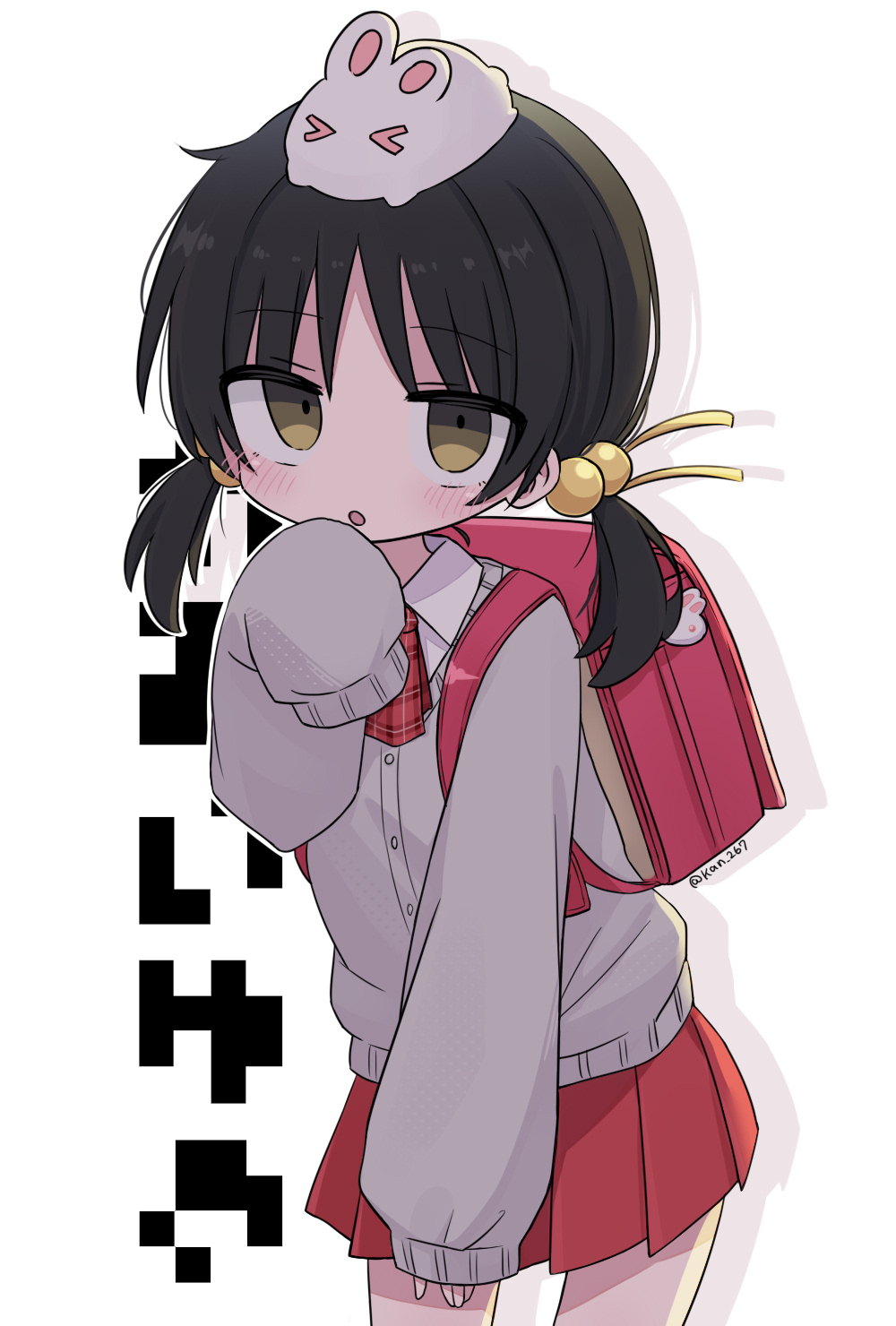 1girl :o alternate_costume animal_on_head ascot backpack bag bag_charm black_hair blush cardigan character_name charm_(object) collared_shirt cowboy_shot drop_shadow grey_cardigan hair_bobbles hair_ornament highres kaai_yuki kanikan long_sleeves looking_at_viewer low_twintails on_head pixelated plaid_ascot pleated_skirt rabbit rabbit_on_head randoseru red_ascot red_bag red_skirt shirt simple_background skirt sleeves_past_wrists solo twintails voiceroid white_background yellow_eyes