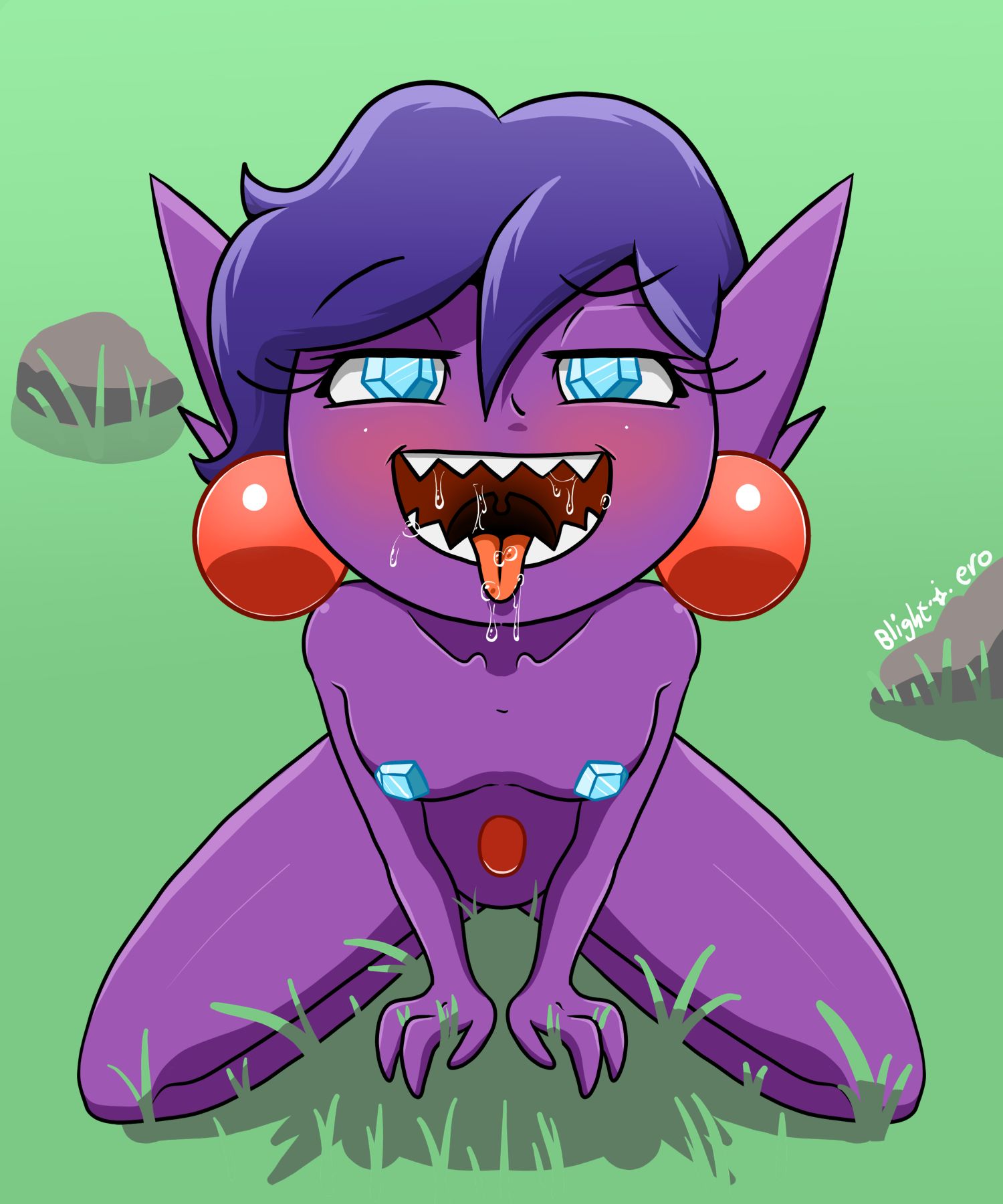 blightstarero blush bodily_fluids breasts ear_piercing eyelashes fan_character female gem_eyes generation_3_pokemon grass hair hi_res humanoid kneeling looking_at_viewer navel_gem nintendo nipple_gem nude open_mouth piercing plant pokemon pokemon_(species) purple_body purple_hair sableye saliva sharp_teeth short_hair solo teeth thick_thighs tongue tongue_out wide_hips