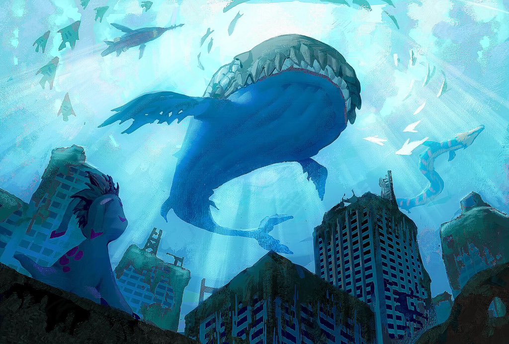 bly_mead building city digimon digimon_(creature) fangs fish gomamon looking_at_another moss no_humans size_difference tail underwater underwater_city water whale whamon