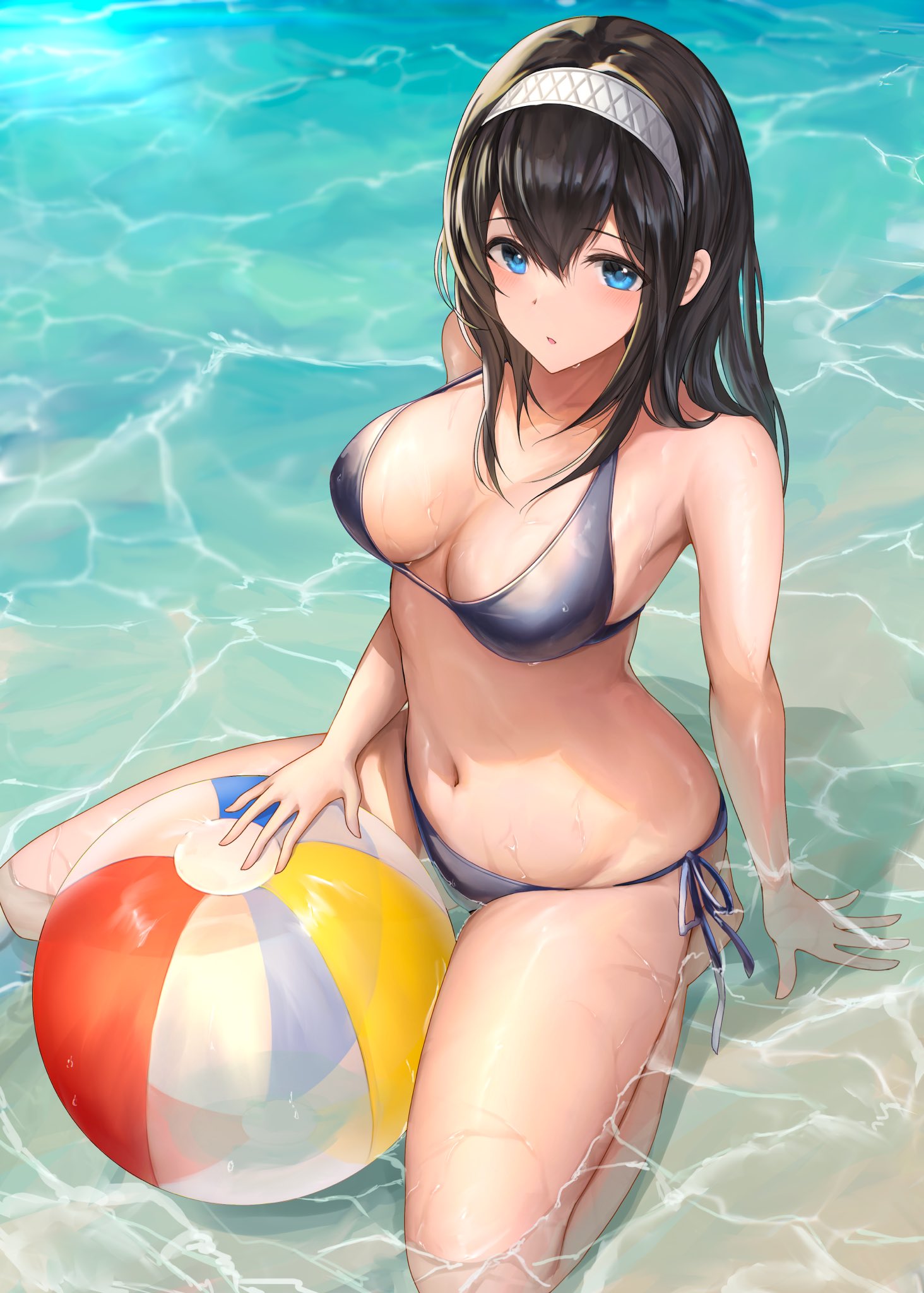 1girl ball beachball bikini black_hair blue_eyes blush breasts cleavage hairband highres idolmaster idolmaster_cinderella_girls long_hair medium_breasts navel nyome991 ocean open_mouth partially_submerged plaid plaid_bikini sagisawa_fumika side-tie_bikini_bottom sitting solo swimsuit thighs wariza wet white_hairband