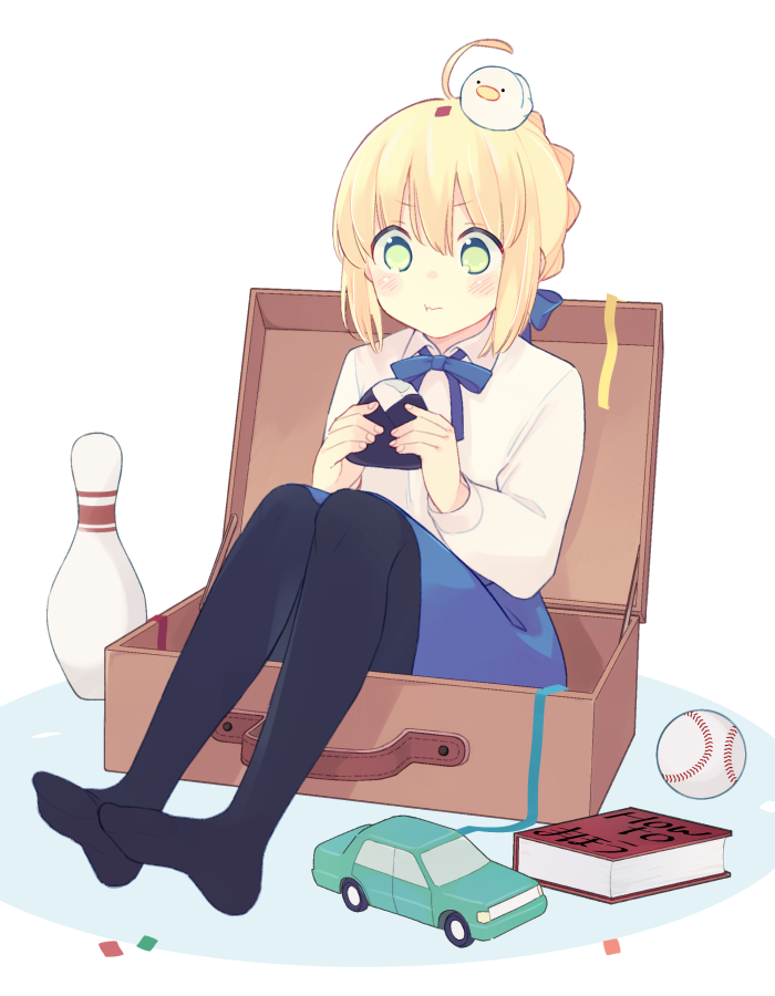 1girl 87banana artoria_pendragon_(fate) baseball black_pantyhose blonde_hair book bowling_pin closed_mouth commentary_request eating fate/stay_night fate_(series) full_body green_eyes no_shoes pantyhose saber sitting suitcase toy_car translation_request
