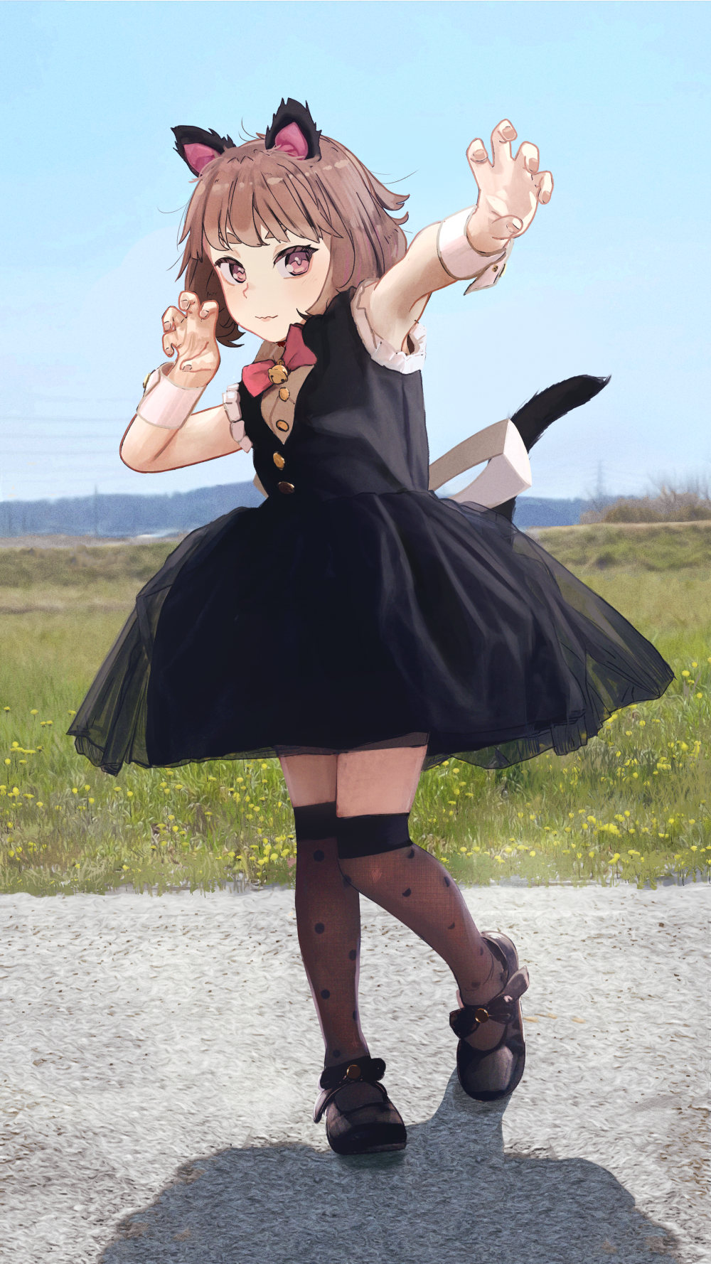 1girl :3 animal_ear_fluff animal_ears arms_up bell black_dress black_footwear black_socks black_vest blue_sky blunt_bangs bow bowtie breasts bright_pupils brown_eyes brown_hair casual cat_ears cat_girl cat_tail claw_pose closed_mouth commentary day dress flower foliage frilled_shirt frills full_body grass hair_strand heel_up highres jingle_bell light_smile looking_at_viewer mary_janes messy_hair original outdoors over-kneehighs paw_pose photo_background power_lines puffy_dress reaching red_bow red_bowtie scenery servachok shadow shirt shoes short_dress short_eyebrows short_hair sky sleeveless sleeveless_shirt small_breasts smile socks solo standing tail tanya_(servachok) thick_eyebrows thighhighs transmission_tower vest white_pupils white_shirt yellow_flower