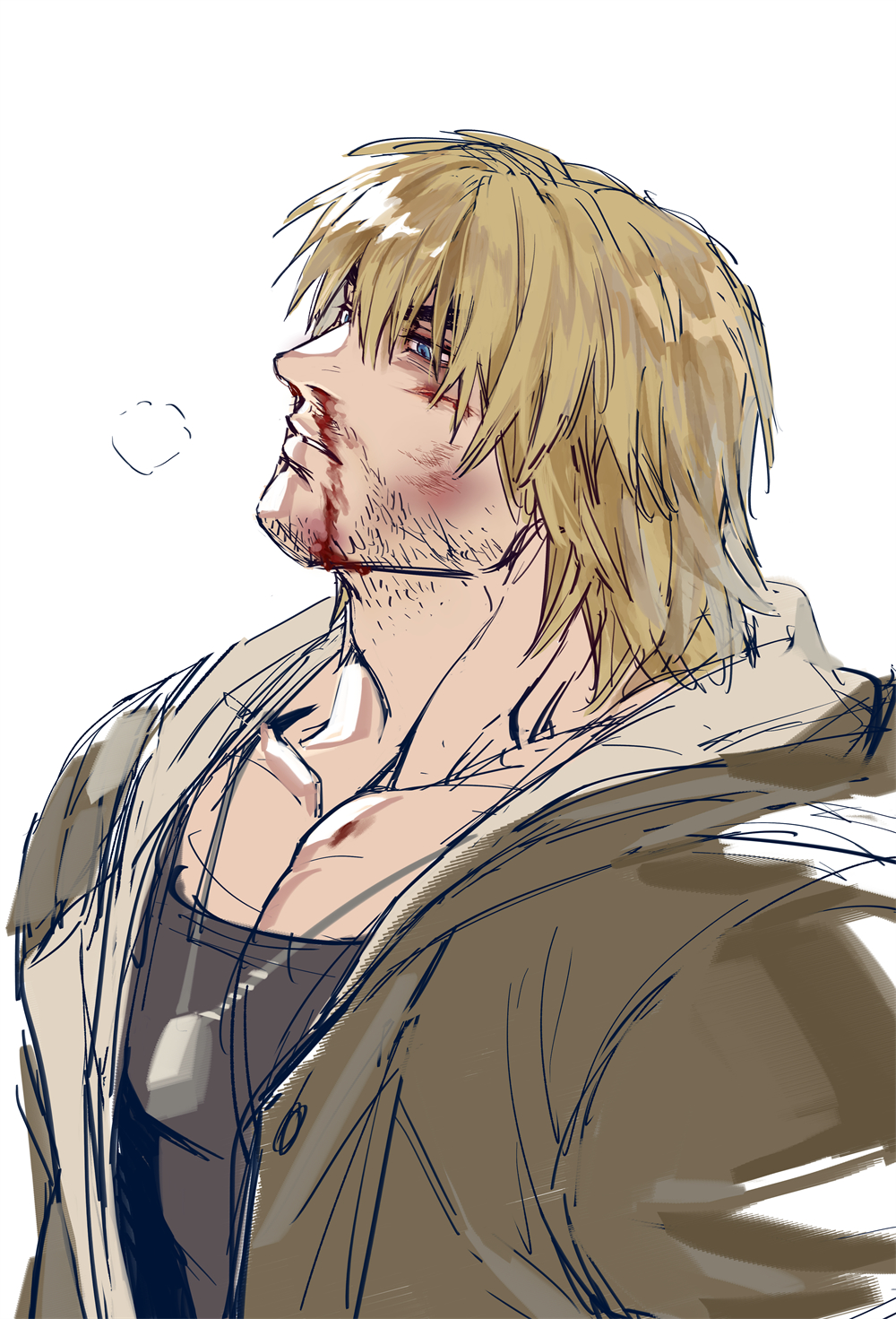 1boy alternate_facial_hair bara blonde_hair blood blue_eyes breath bruise coat facial_hair from_side highres injury ken_masters male_focus muscular muscular_male neckbeard nosebleed pectoral_cleavage pectorals short_hair sketch solo street_fighter stubble thick_eyebrows upper_body yuiofire