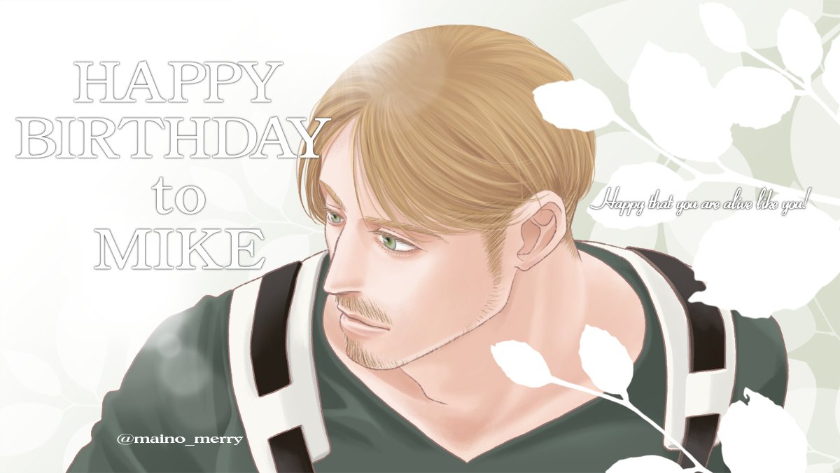 1boy birthday blonde_hair flower from_above goatee_stubble happy_birthday jacket long_sideburns looking_to_the_side maino_merry male_focus mature_male mike_zakarius mustache_stubble parted_lips shingeki_no_kyojin shirt short_hair sideburns sideburns_stubble sparse_stubble t-shirt upper_body