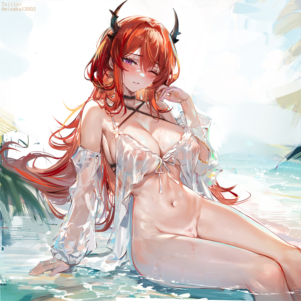 1girl arknights bare_shoulders blush bottomless breasts cleavage collarbone covered_nipples demon_horns english_commentary feet_out_of_frame hair_intakes horns large_breasts long_hair long_sleeves looking_at_viewer misaka_12003-gou navel one_eye_closed purple_eyes red_hair sitting solo surtr_(arknights) thighs uncensored water wet