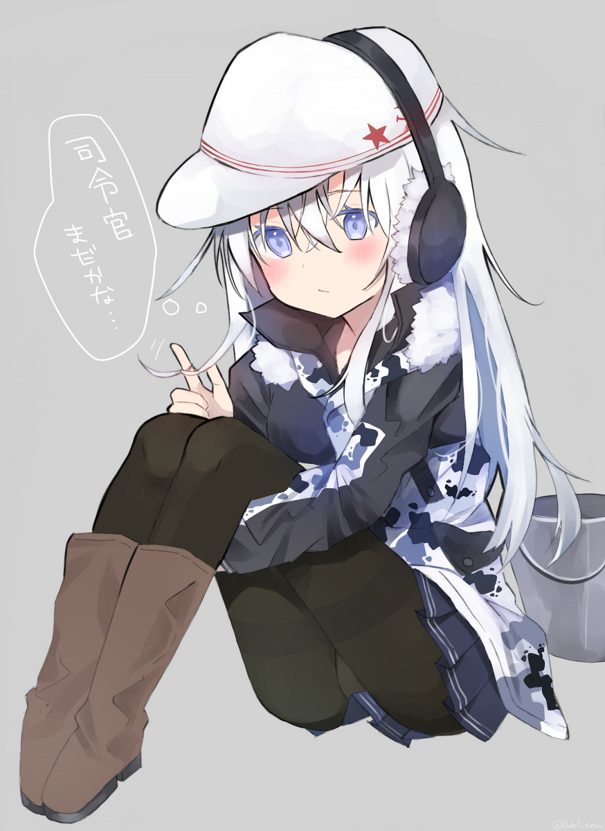 1girl black_pantyhose black_skirt blue_eyes blush brown_footwear camouflage camouflage_jacket earmuffs fujiyama_ichiha hair_between_eyes hammer_and_sickle hat hibiki_(kancolle) highres jacket kantai_collection long_hair long_sleeves pantyhose pleated_skirt redrawn skirt solo translation_request verniy_(kancolle) white_hair white_headwear