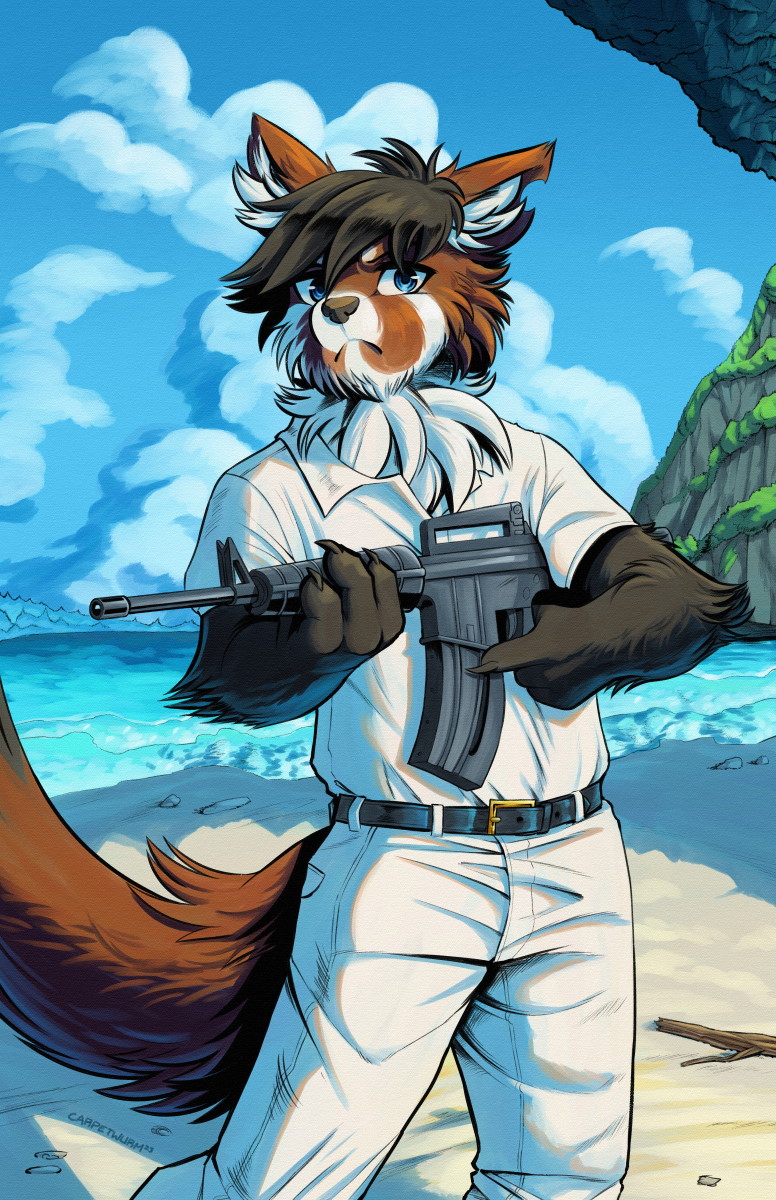 2023 ailurid anthro assault_rifle beach belt biped black_belt blue_eyes blue_sky bottomwear brown_body brown_fur carpetwurm claws clothing cloud colored day detailed_background frown fur gun hi_res holding_gun holding_object holding_weapon looking_at_viewer male mammal outside pants ranged_weapon red_panda rifle sand sea seaside shirt sky solo topwear water weapon white_bottomwear white_clothing white_pants white_shirt white_topwear