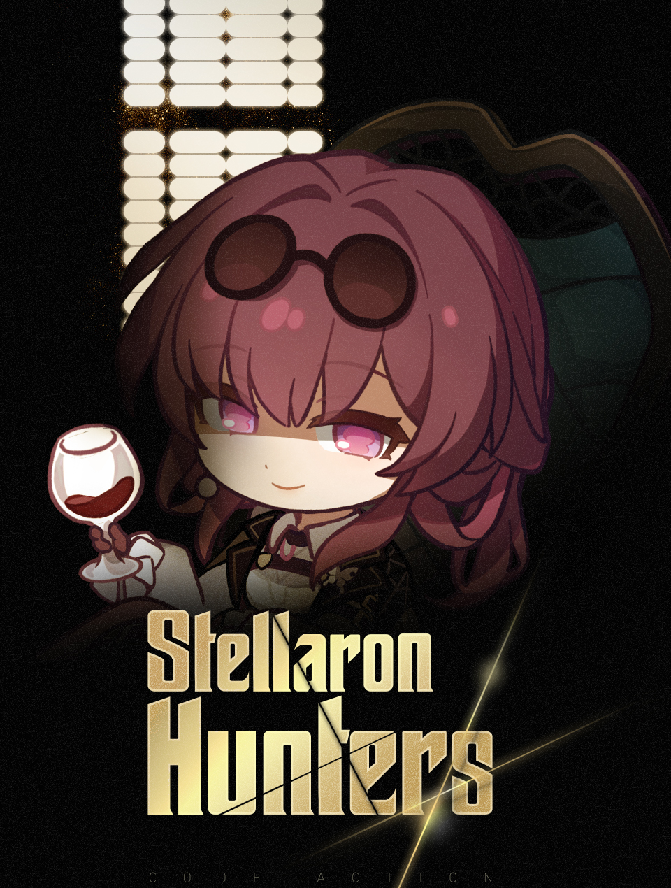 1girl chair chibi chinese_commentary coat coat_on_shoulders cup drinking_glass english_text eyewear_on_head gloves highres holding holding_cup honkai:_star_rail honkai_(series) kafka_(honkai:_star_rail) looking_at_viewer official_art parody ponytail poster_(medium) purple_eyes purple_gloves purple_hair shirt sitting smile solo the_godfather upper_body white_shirt white_sleeves window wine_glass