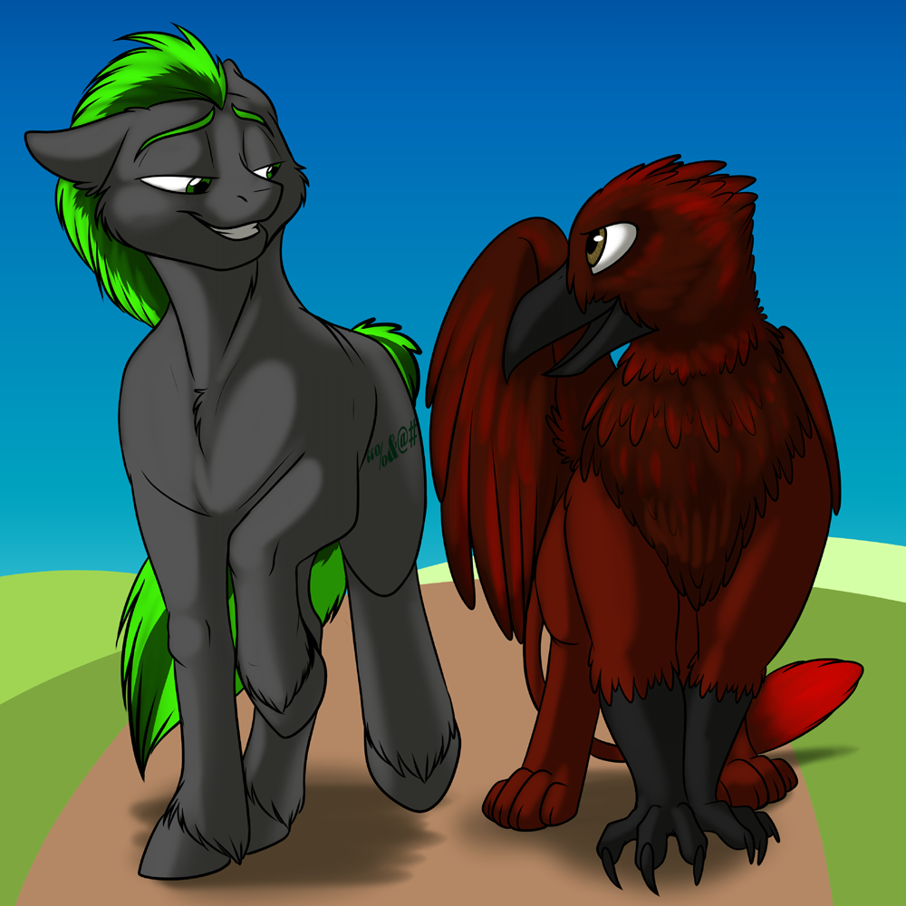 1:1 avian beak black_beak black_body black_fur brown_eyes cutie_mark duo earth_pony equid equine feral fetlocks foxenawolf free_agent_(mlp) fur goldfur's_cogsverse green_eyes green_hair gryphon hair hasbro hooves horse long_path male mammal my_little_pony mythological_avian mythology open_beak open_mouth pony scuted_arms scutes tail tail_tuft tuft