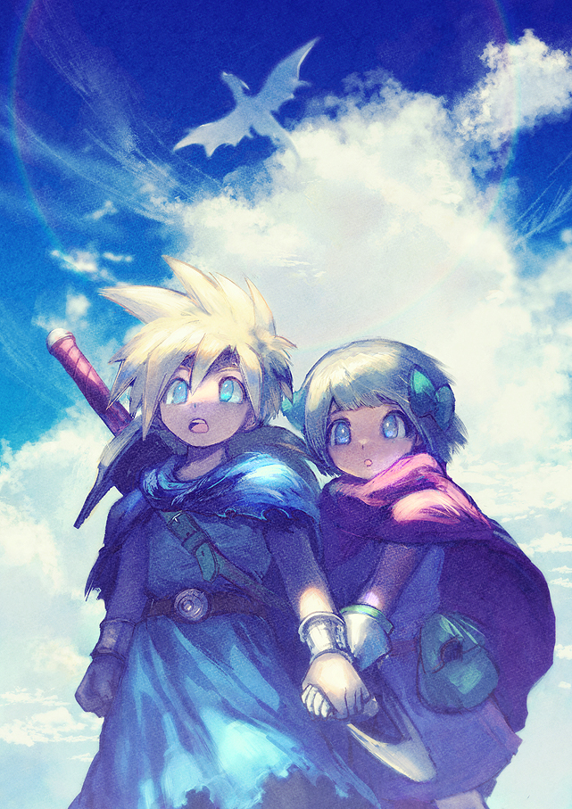 1boy 1girl belt blonde_hair blue_eyes blue_sky bow bracelet brother_and_sister cloak cloud cloudy_sky cowboy_shot day dragon dragon_quest dragon_quest_v dress female_child gloves green_bow hair_bow hero's_daughter_(dq5) hero's_son_(dq5) holding_hands jewelry long_hair low_ponytail male_child open_mouth outdoors parted_lips pink_cloak purple_cloak short_hair siblings sky spiked_hair sword teeth torn_clothes tunic twins upper_teeth_only weapon weapon_on_back white_gloves yuza