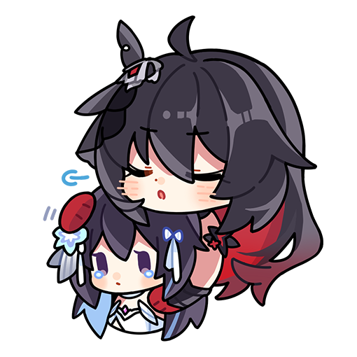 2girls :o ahoge black_hair black_headwear blush chibi closed_eyes closed_mouth colored_inner_hair comforting english_commentary gloves hair_between_eyes hand_on_another's_head honkai_(series) honkai_impact_3rd long_hair multicolored_hair multiple_girls official_art red_gloves red_hair seele_vollerei seele_vollerei_(herrscher_of_rebirth) seele_vollerei_(starchasm_nyx) transparent_background white_headwear