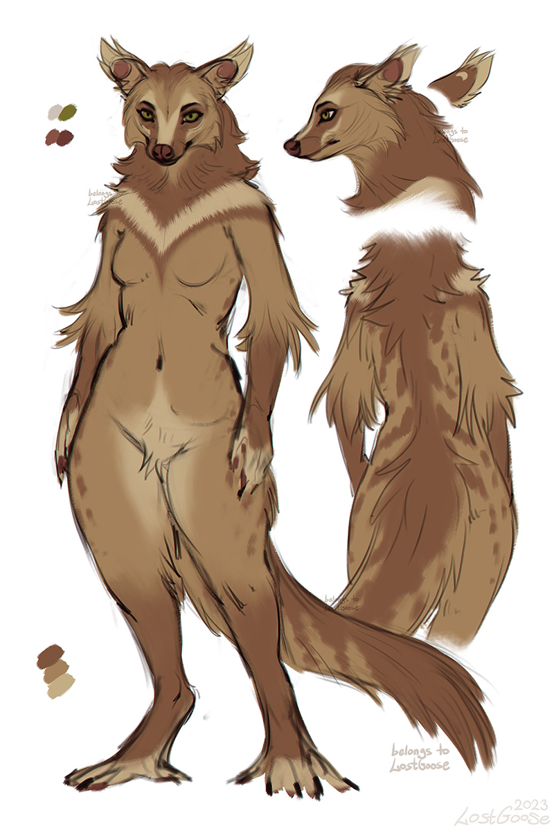 2023 2:3 anthro arm_tuft brown_body brown_fur cheek_tuft color_swatch crotch_tuft dated elbow_tuft facial_tuft featureless_crotch female fur green_eyes hi_res looking_at_viewer lostgoose mammal mouth_closed navel nude signature simple_background solo standing tan_body tan_fur tuft white_background