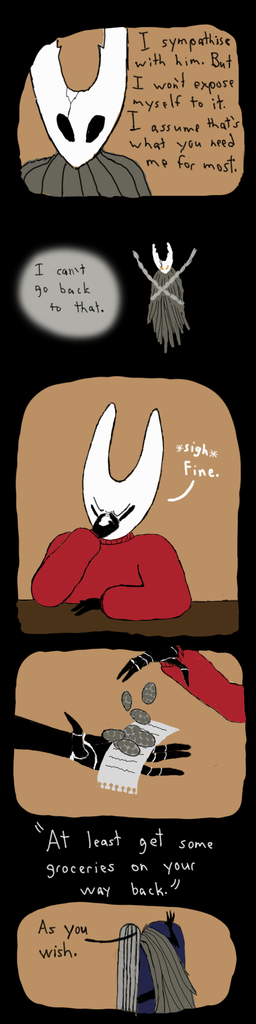 ambiguous_gender anthro arthropod black_body clothed clothing comic dialogue duo female hi_res hollow_knight hollow_knight_(character) hornet_(hollow_knight) insect long_image size_difference soiledvessels tall_image team_cherry text vessel_(species)
