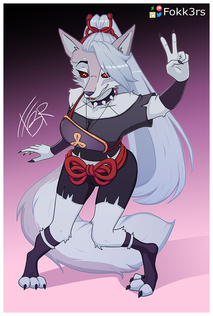 anthro canid canid_demon canine canis choker clothing collar demon female footwear fur fusion gesture hakuro_(onmyoji) hellhound helluva_boss hi_res jewelry looking_at_viewer loona_(helluva_boss) mammal necklace red_eyes socks solo v_sign white_body white_fur wolf
