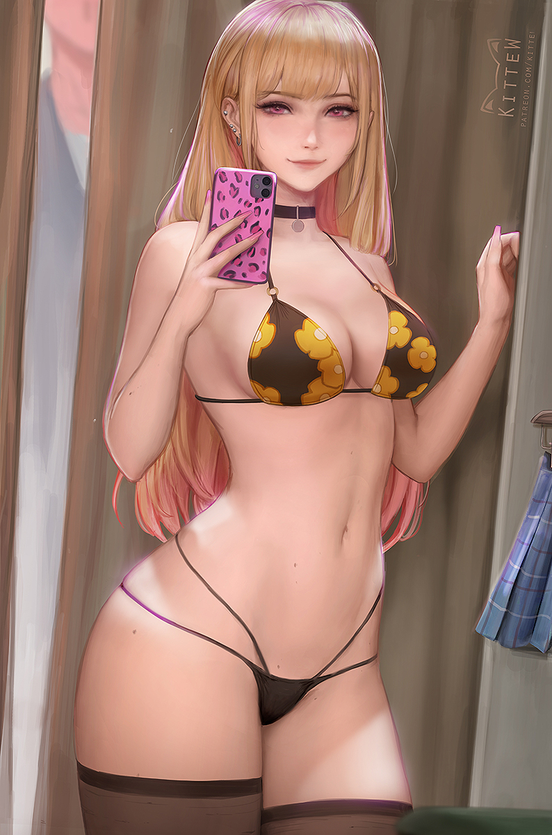 1boy 1girl artist_name bikini black_bikini black_choker blonde_hair blue_skirt breasts cellphone choker ear_piercing earrings english_commentary floral_print gojou_wakana gradient_hair hands_up highres holding holding_phone indoors jewelry kitagawa_marin kittew legs_together long_hair looking_at_viewer medium_breasts mole mole_on_arm mole_on_breast mole_on_stomach mole_on_thigh multicolored_hair nail_polish navel patreon_username phone piercing pink_hair pink_nails pleated_skirt print_bikini red_eyes short_hair skirt skirt_removed smartphone solo_focus sono_bisque_doll_wa_koi_wo_suru standing stomach string_bikini swimsuit thighhighs two-tone_hair web_address