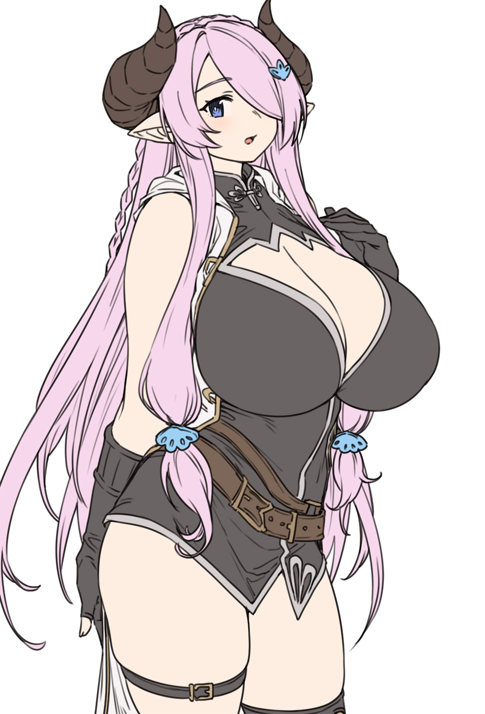 1girl belt black_gloves black_shirt blue_eyes blush breasts cleavage cleavage_cutout clothing_cutout draph elbow_gloves fingerless_gloves gloves granblue_fantasy hair_over_one_eye highres horns houtengeki huge_breasts light_purple_hair long_hair looking_at_viewer narmaya_(granblue_fantasy) open_mouth pointy_ears shirt sleeveless sleeveless_shirt solo thigh_strap thighs