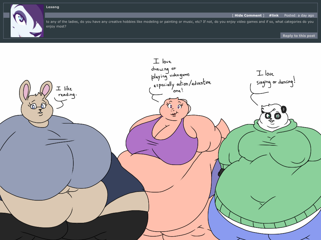 2018 4:3 anthro ask_blog batspid2 bear belly big_belly big_breasts biped black_body black_clothing black_fur black_nose blue_clothing blue_eyes bottomwear breasts cleavage clothed clothing crop_top cutoffs denim denim_clothing dialogue digital_drawing_(artwork) digital_media_(artwork) double_chin english_text exclamation eyebrows eyelashes eyewear female flabby_arms flat_colors frill_(anatomy) front_view fur giant_panda glasses green_clothing green_eyes grey_clothing group hair head_crest head_frill hoodie huge_belly huge_breasts huge_thighs hyper hyper_belly hyper_breasts hyper_hips hyper_thighs juna_(batspid2) lagomorph legwear leporid lizard loa_(batspid2) looking_at_viewer mammal membrane_(anatomy) membranous_frill midriff multicolored_body multicolored_fur navel nipple_outline pants pink_body pink_skin purple_clothing purple_eyes rabbit reptile scalie shirt shorts side_boob simple_background smile sofia_(batspid2) standing sweater tail tan_body tan_fur text thick_thighs tight_clothing tights topwear trio two_tone_body two_tone_fur white_background white_body white_fur white_hair