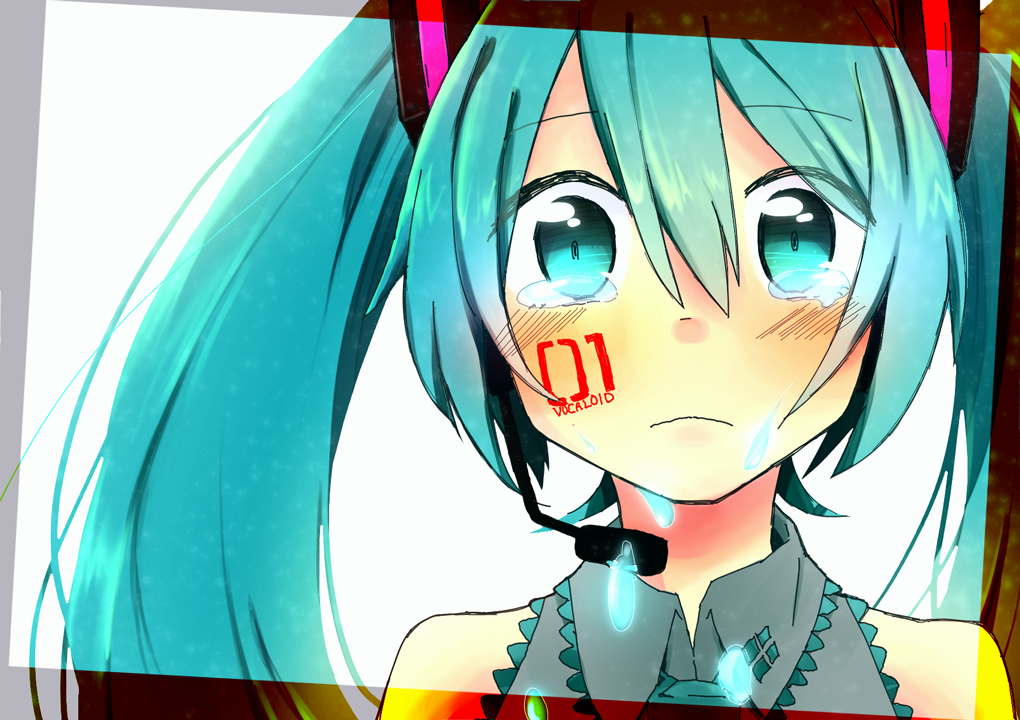 1girl bare_shoulders blue_eyes blue_hair blue_necktie collared_shirt copyright_name crying facial_tattoo frown grey_shirt hair_between_eyes hatsune_miku headset necktie number_tattoo shirt solo streaming_tears tattoo teardrop tears twintails vocaloid wavy_mouth yuzuta