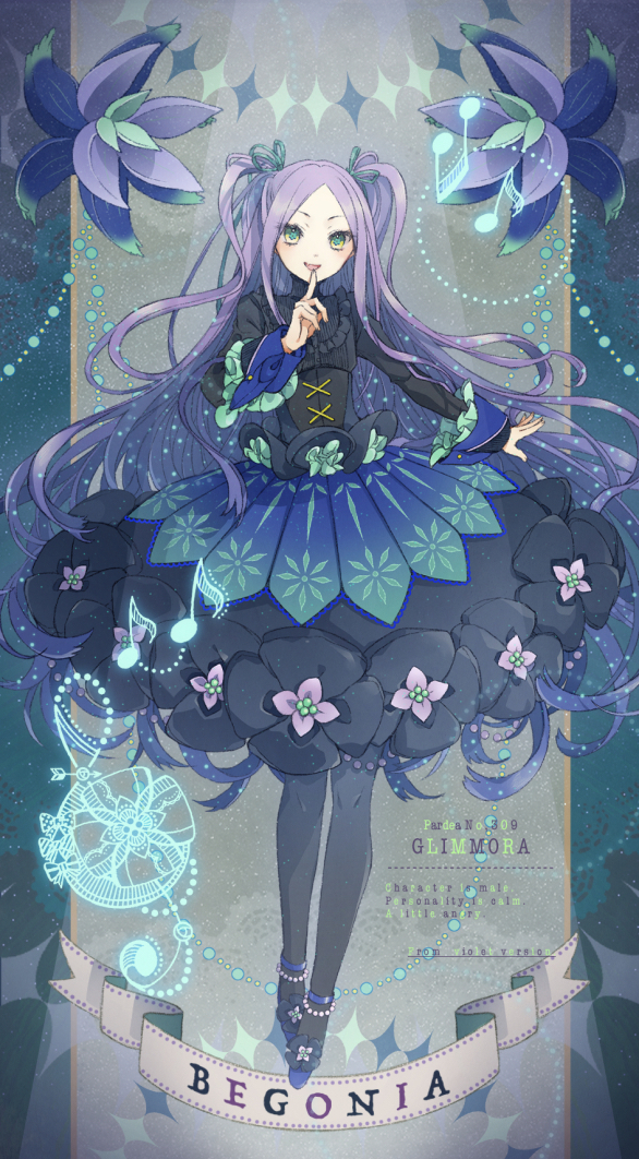 1girl blush character_name commentary_request dress eyelashes flower full_body girdle glimmora green_eyes green_ribbon hair_ribbon hand_up long_hair long_sleeves ml_(user_egfw7244) open_mouth pantyhose parted_bangs personification pokedex_number pokemon purple_hair ribbon shoes smile solo two_side_up