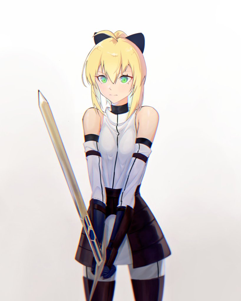 1girl ahoge armor artoria_pendragon_(fate) bare_shoulders black_armor blonde_hair blue_gloves bow bowtie facing_viewer fate/grand_order fate_(series) gloves green_eyes hair_between_eyes hair_ornament holding holding_sword holding_weapon lilyaholmes medium_hair off-shoulder_shirt off_shoulder saber_lily shirt simple_background solo standing sword weapon white_background white_shirt