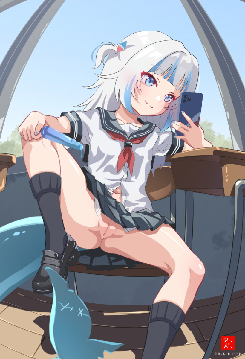 1girl bite_mark blue_eyes blue_hair blush cellphone chair desk dr-alu fins fish_tail food gawr_gura hair_ornament highres hololive multicolored_hair nail_polish navel no_panties phone pleated_skirt popsicle pussy school_chair school_desk school_uniform serafuku shark_girl shark_hair_ornament shark_tail short_sleeves skirt smartphone socks solo stitches streaked_hair tail two-tone_hair two_side_up virtual_youtuber white_hair