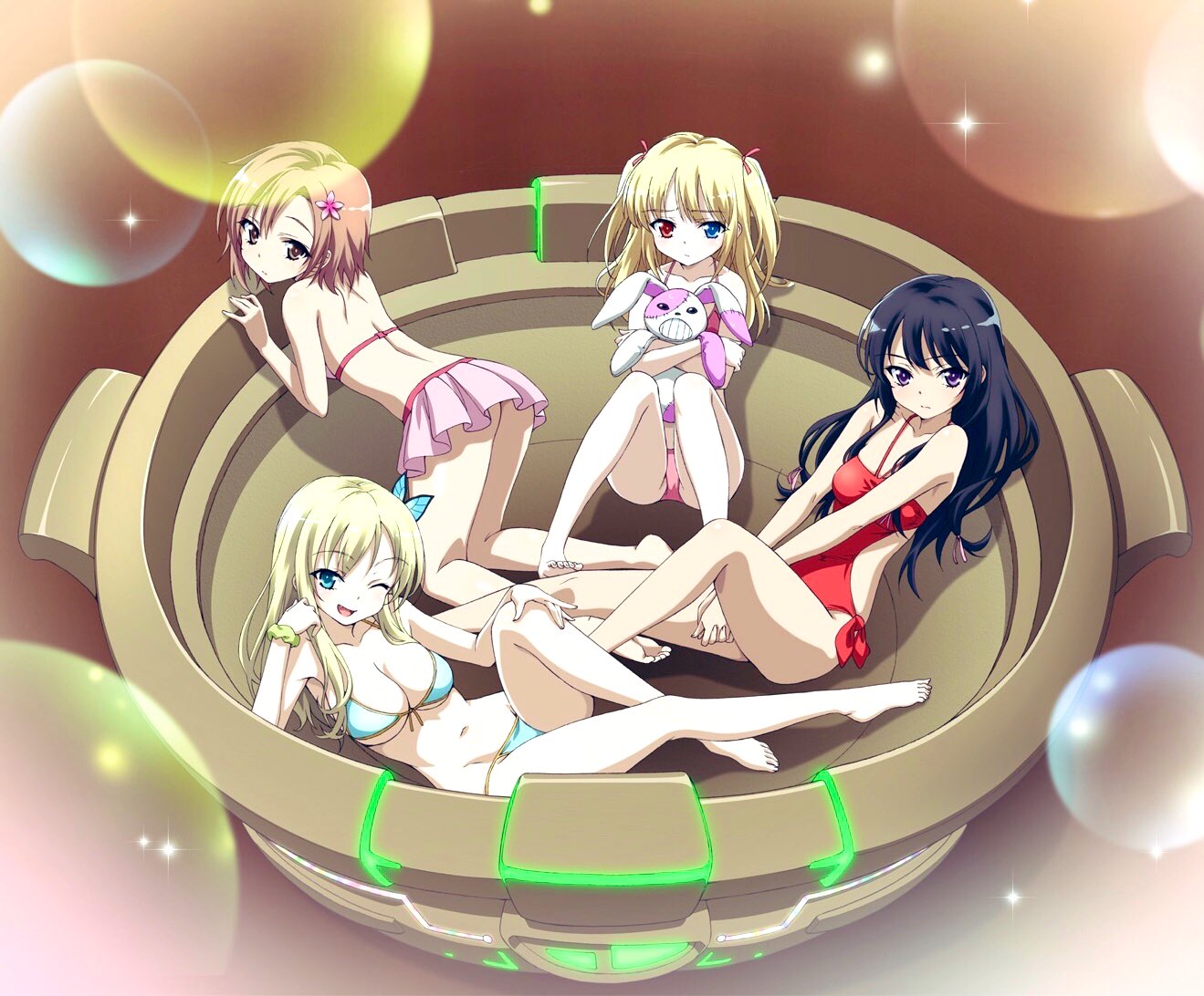 4girls all_fours arm_rest ass bare_shoulders barefoot bikini bikini_skirt black_hair blonde_hair blue_bikini blue_eyes boku_wa_tomodachi_ga_sukunai bowl breasts brown_eyes brown_hair butterfly_hair_ornament casual_one-piece_swimsuit cleavage closed_mouth flower front-tie_top hair_flower hair_ornament halterneck hasegawa_kobato heterochromia holding holding_stuffed_toy kashiwazaki_sena kusunoki_yukimura long_hair long_legs looking_at_viewer medium_breasts mikazuki_yozora multiple_girls official_art one-piece_swimsuit one_eye_closed open_mouth pink_bikini purple_eyes rabbit red_eyes ribbon short_hair sitting smile stuffed_animal stuffed_rabbit stuffed_toy swimsuit thighs two_side_up watanabe_yoshihiro wrist_ribbon