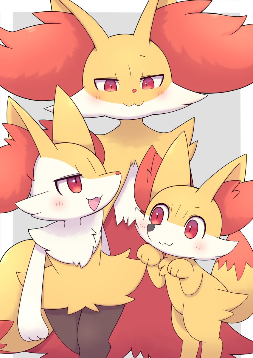 3_fingers ambiguous_gender anthro black_body black_fur blush braixen brown_nose canid canine cheek_tuft chest_tuft delphox digital_media_(artwork) facial_tuft fennekin fingers fluffy fur generation_6_pokemon group hi_res inner_ear_fluff looking_back looking_down looking_up mammal moduckten nintendo nude open_mouth open_smile pokemon pokemon_(species) red_body red_eyes red_fur red_nose shoulder_tuft simple_background smile snaggle_tooth tail teeth tongue tuft white_body white_fur yellow_body yellow_fur