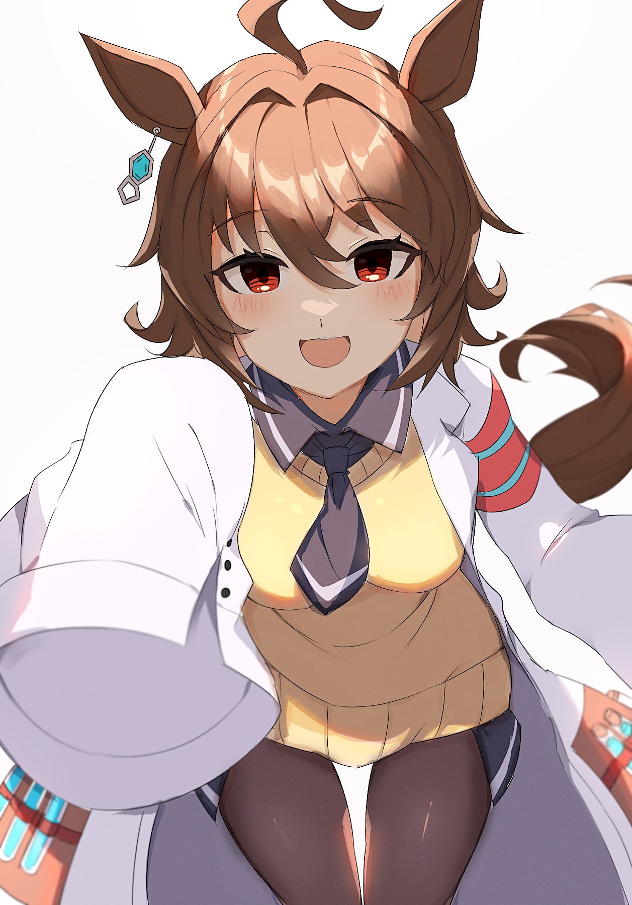 1girl agnes_tachyon_(umamusume) ahoge bandolier black_necktie black_pantyhose blush brown_hair chemical_structure coat collared_shirt commentary_request cork earrings hair_between_eyes highres horse_girl jewelry lab_coat looking_at_viewer messy_hair necktie open_mouth pantyhose partial_commentary ra_mun5239 red_eyes shirt short_hair simple_background single_earring sleeves_past_fingers sleeves_past_wrists smile solo sweater_vest test_tube umamusume very_long_sleeves white_background white_coat yellow_sweater_vest