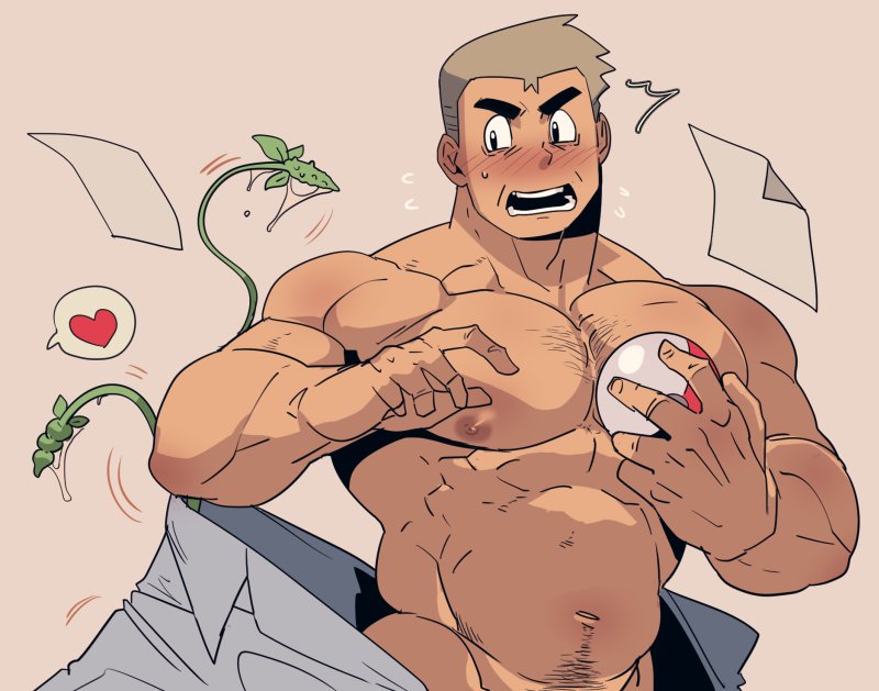 1boy abs assisted_exposure bara bare_pectorals blush chest_hair embarrassed grey_hair heart lab_coat large_pectorals male_focus mature_male muscular muscular_male navel navel_hair nipples paper pectorals plant poke_ball pokemon pokemon_(game) pokemon_rgby rybiok samuel_oak short_hair solo spoken_heart tentacles tentacles_on_male undressing upper_body vines