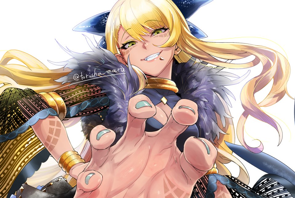 1girl armlet black_dress blonde_hair body_markings bracelet breasts chin_piercing cleavage cleavage_cutout clothing_cutout dark-skinned_female dark_skin dragon_girl dragon_horns dragon_tail dress facial_mark fate/grand_order fate_(series) feet fur-trimmed_dress fur_trim grin horns jewelry large_breasts long_hair long_sleeves looking_at_viewer neck_ring smile soles solo swept_bangs tail toes torichamaru vritra_(fate) wide_sleeves yellow_eyes