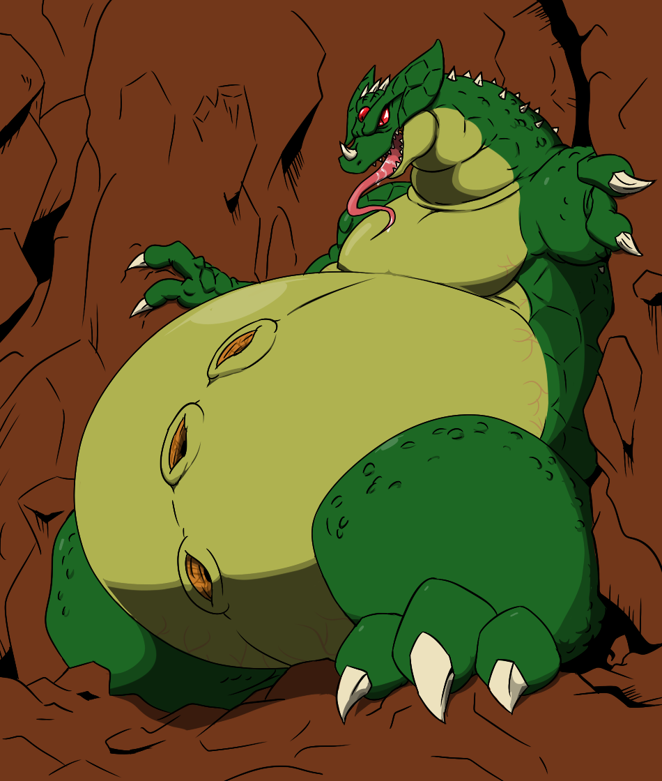 2015 anthro belly big_belly bodily_fluids claws facial_horn fangs horn kraid long_tail male monster nose_horn obese obese_anthro obese_male overweight overweight_anthro overweight_male reagan700 red_eyes saliva saliva_on_tongue scales scalie solo tail teeth toe_claws tongue tongue_out