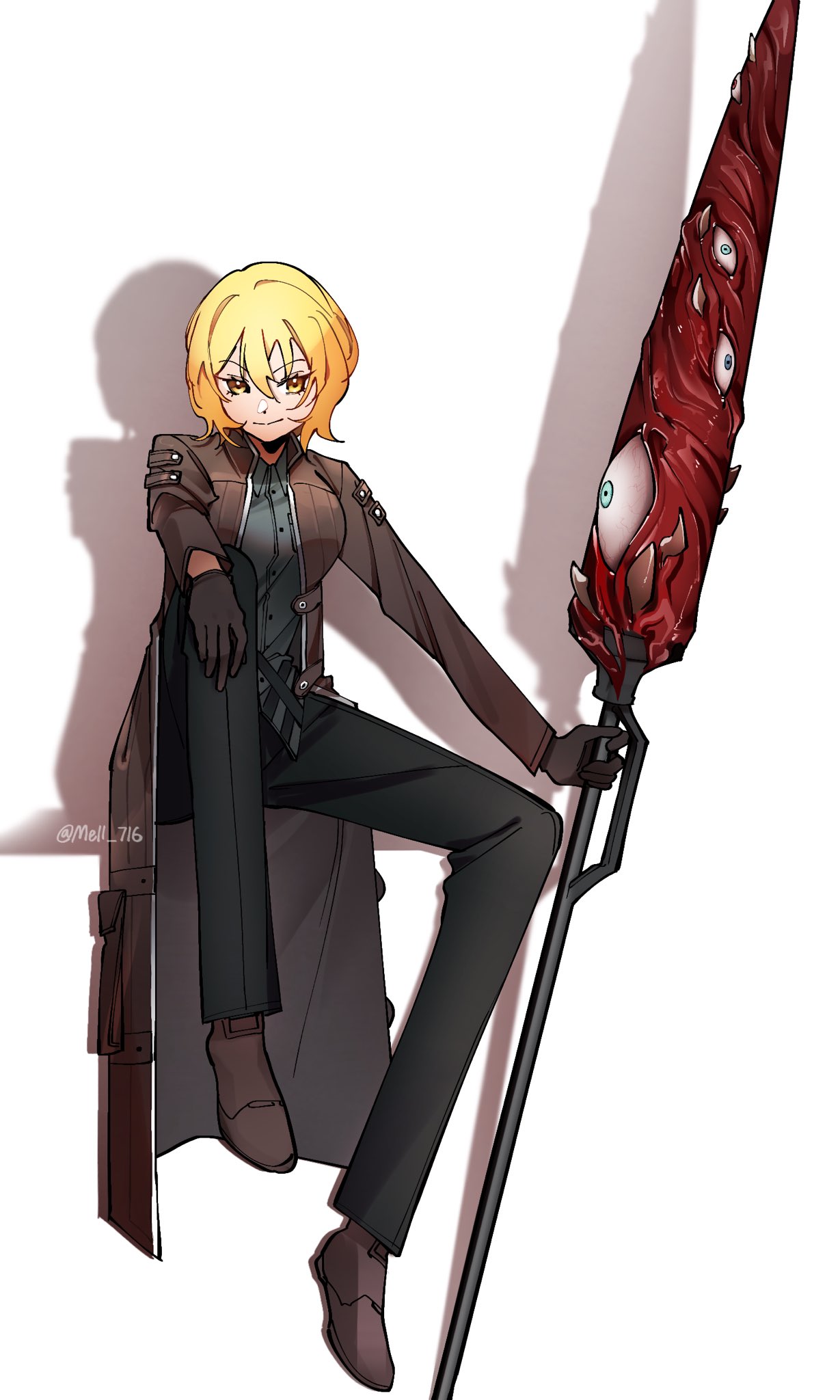 1girl black_pants blonde_hair brown_coat brown_eyes brown_footwear brown_gloves closed_mouth coat cosplay don_quixote_(limbus_company) e.g.o_(project_moon) eyeball gloves grey_shirt highres holding holding_weapon kali_(project_moon) kali_(project_moon)_(cosplay) lance library_of_ruina limbus_company living_weapon lobotomy_corporation mell_716 open_clothes open_coat pants polearm project_moon shadow shirt short_hair sitting smile solo weapon white_background