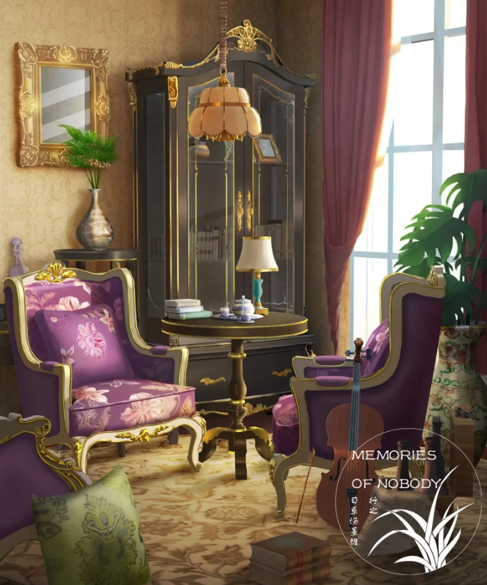 artist_logo book book_stack chair cup curtains cushion desk_lamp indoors instrument lamp mirror no_humans original plant scenery shelf table teacup vase violin window xingzhi_lv
