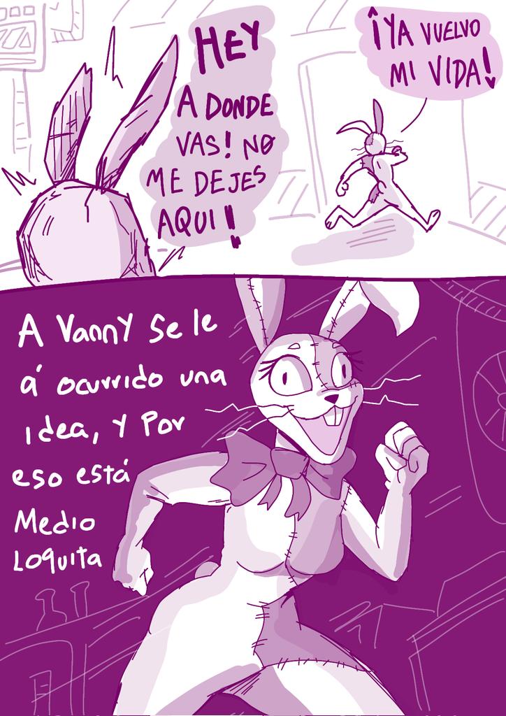 anthro bow_accessory breasts buckteeth comic dialogue duo female five_nights_at_freddy's five_nights_at_freddy's_3 happy lagomorph leporid male mammal monochrome rabbit renita_reed scottgames scut_tail short_tail simple_background spanish_text speech_bubble springtrap_(fnaf) tail teeth text vanny_(fnaf) whiskers