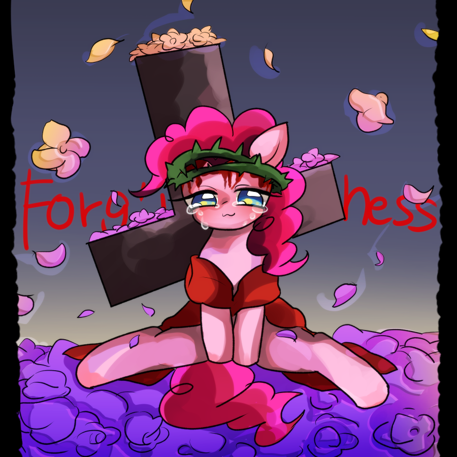 1:1 blood blood_from_wound bodily_fluids clothed clothing cross crown_of_thorns crying dress earth_pony english_text equid equine female feral flower forgiveness friendship_is_magic hasbro horse imminent_execution imminent_snuff imminent_torture implied_crucifixion implied_snuff implied_torture mammal marihico my_little_pony petals pinkie_pie_(mlp) plant pony red_clothing red_dress resigned_to_fate sad sad_eyes sad_smile sitting sitting_on_ground slight_smile smile smiling_at_viewer solo tears teary_eyes text thorns wounded
