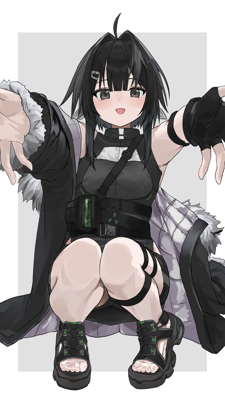 1girl ahoge arknights bad_feet bare_shoulders black_coat black_eyes black_footwear black_gloves black_hair black_shirt black_shorts black_theme border breasts coat commentary dot_nose feather_hair fingerless_gloves full_body fur-trimmed_coat fur_trim gloves grey_background hair_intakes highres la_pluma_(arknights) large_breasts looking_at_viewer open_clothes open_coat open_mouth sandals shirt shorts simple_background single_glove smile solo squatting thigh_strap waichi