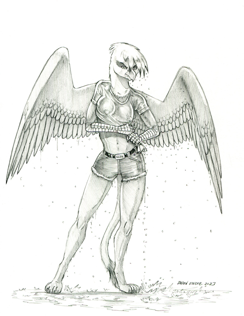 2023 anthro anthrofied avian baron_engel beak bottomwear clothed clothing cutoffs denim denim_clothing feathered_wings feathers female friendship_is_magic fur gilda_(mlp) greyscale gryphon hasbro hi_res monochrome my_little_pony mythological_avian mythology navel nipple_outline scuted_arms scutes shorts solo tail tail_tuft tuft wet wet_clothing wings