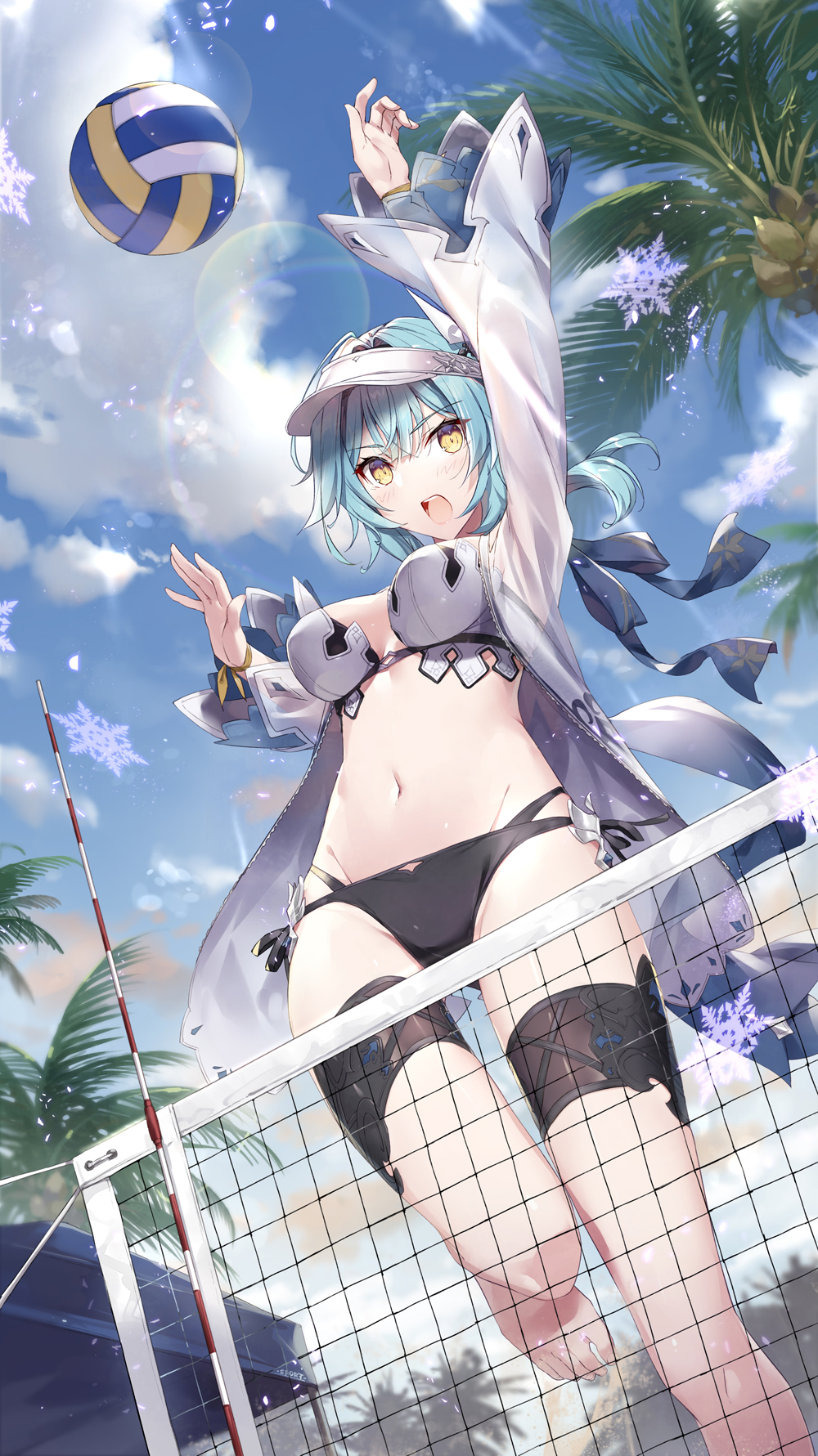 1girl ball bikini black_bikini blue_hair blue_sky blush breasts cleavage eula_(genshin_impact) gabiran genshin_impact hair_ornament highres large_breasts long_sleeves medium_hair mismatched_bikini navel open_clothes open_mouth open_shirt palm_tree shirt short_ponytail sidelocks sky snowflakes swimsuit thighs tree visor_cap volleyball volleyball_(object) volleyball_net white_bikini white_headwear white_shirt yellow_eyes