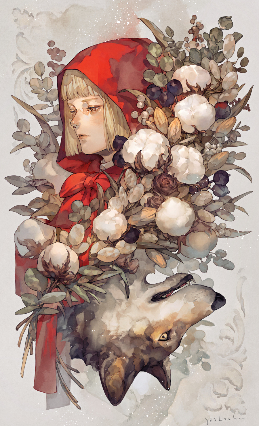 1girl animal berry bob_cut bow brown_eyes capelet closed_mouth flower highres hood hood_up leaf little_red_riding_hood looking_down medium_hair original plant playing_card_theme portrait red_bow red_capelet red_hood upside-down white_flower wolf yoshioka_(haco)