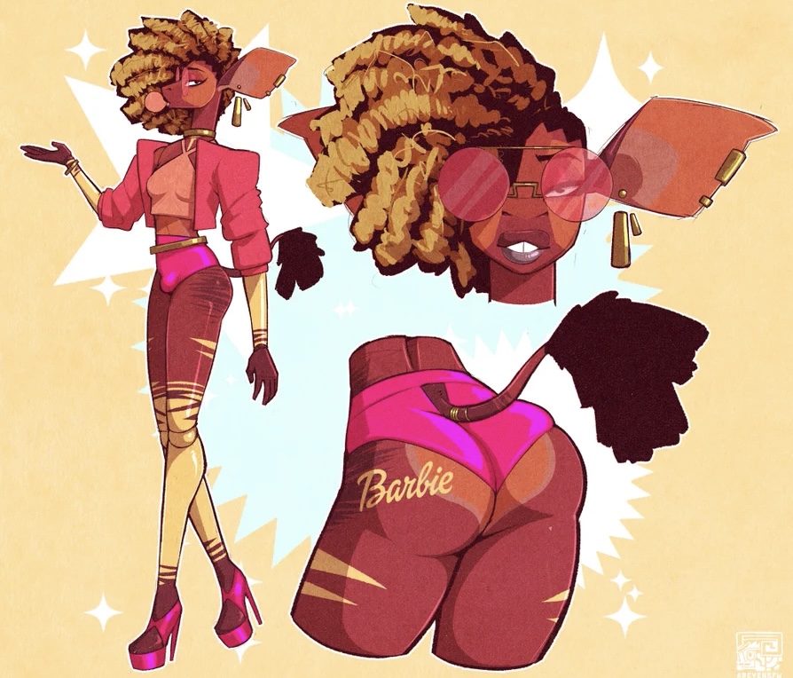 anthro areye areye_(artist) areye_(fursona) big_ears bottomwear breasts bulge choker clothing ear_piercing eyewear footwear giraffid glasses gold_(metal) gold_jewelry gynomorph hair high_heels hotpants intersex jacket jewelry lips mammal necklace okapi piercing redesign. shorts solo topwear