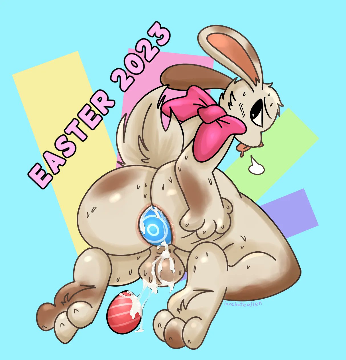 anthro big_butt blush bodily_fluids bow_ribbon breath butt cum easter easter_bunny egg feet foot_fetish foot_focus from_behind_position genital_fluids hi_res holidays lagomorph leporid looking_back lovehatealien male mammal oviposition rabbit sex solo spread_butt spreading sweat sweaty_feet tongue tongue_out