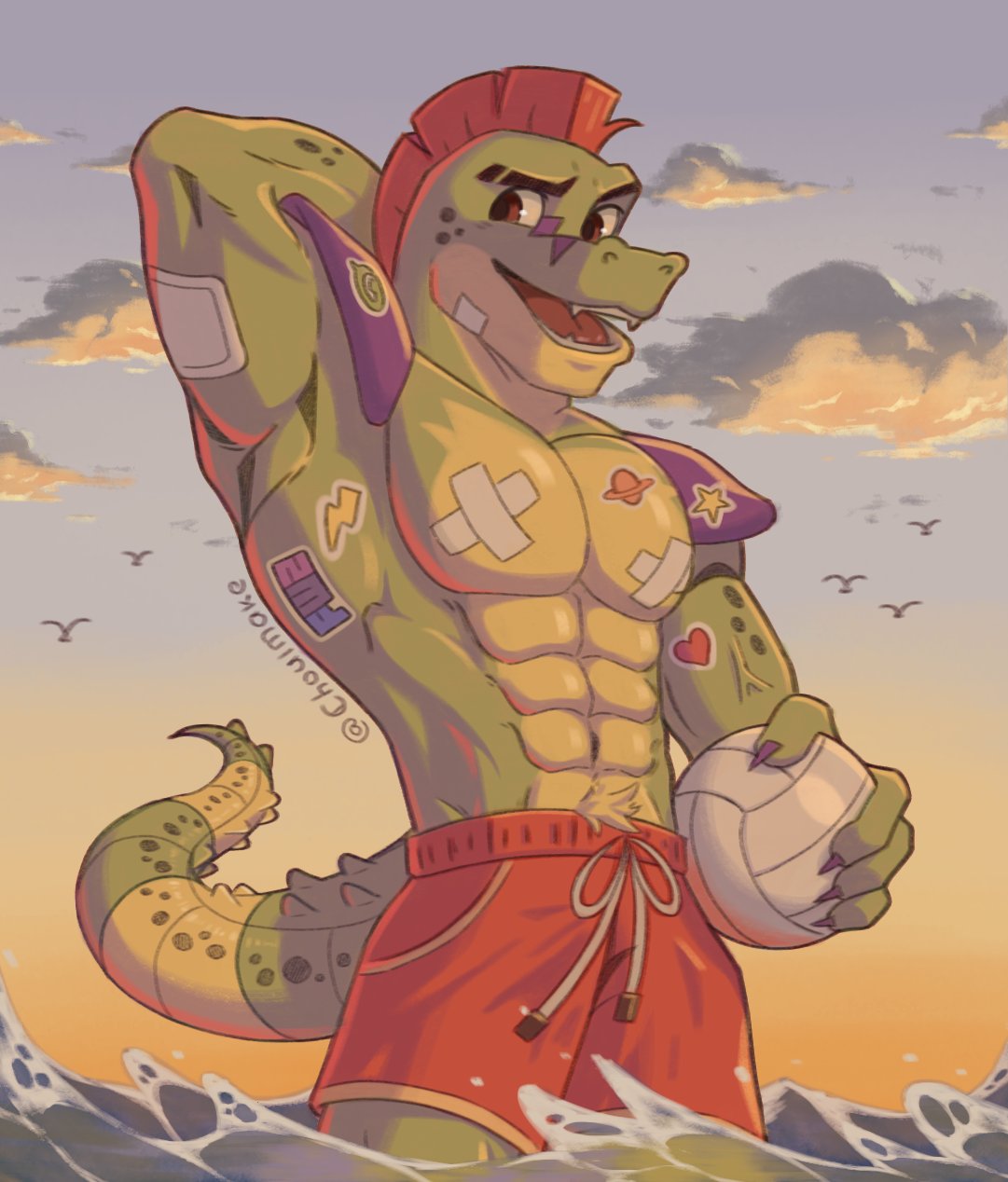 2023 abs alligator alligatorid ambient_bird anthro avian ball biceps bird body_hair choulmake clothed clothing cloud covered_nipples crocodilian digital_media_(artwork) eyebrows five_nights_at_freddy's five_nights_at_freddy's:_security_breach green_body green_scales hair happy_trail hi_res holding_object male mohawk montgomery_gator_(fnaf) muscular muscular_anthro muscular_male navel open_mouth open_smile outside partially_submerged pecs pose red_eyes red_hair red_mohawk reptile scales scalie scottgames sky smile solo steel_wool_studios stickers sunset swimming_trunks swimwear tail teeth tongue topless volleyball_(ball) water