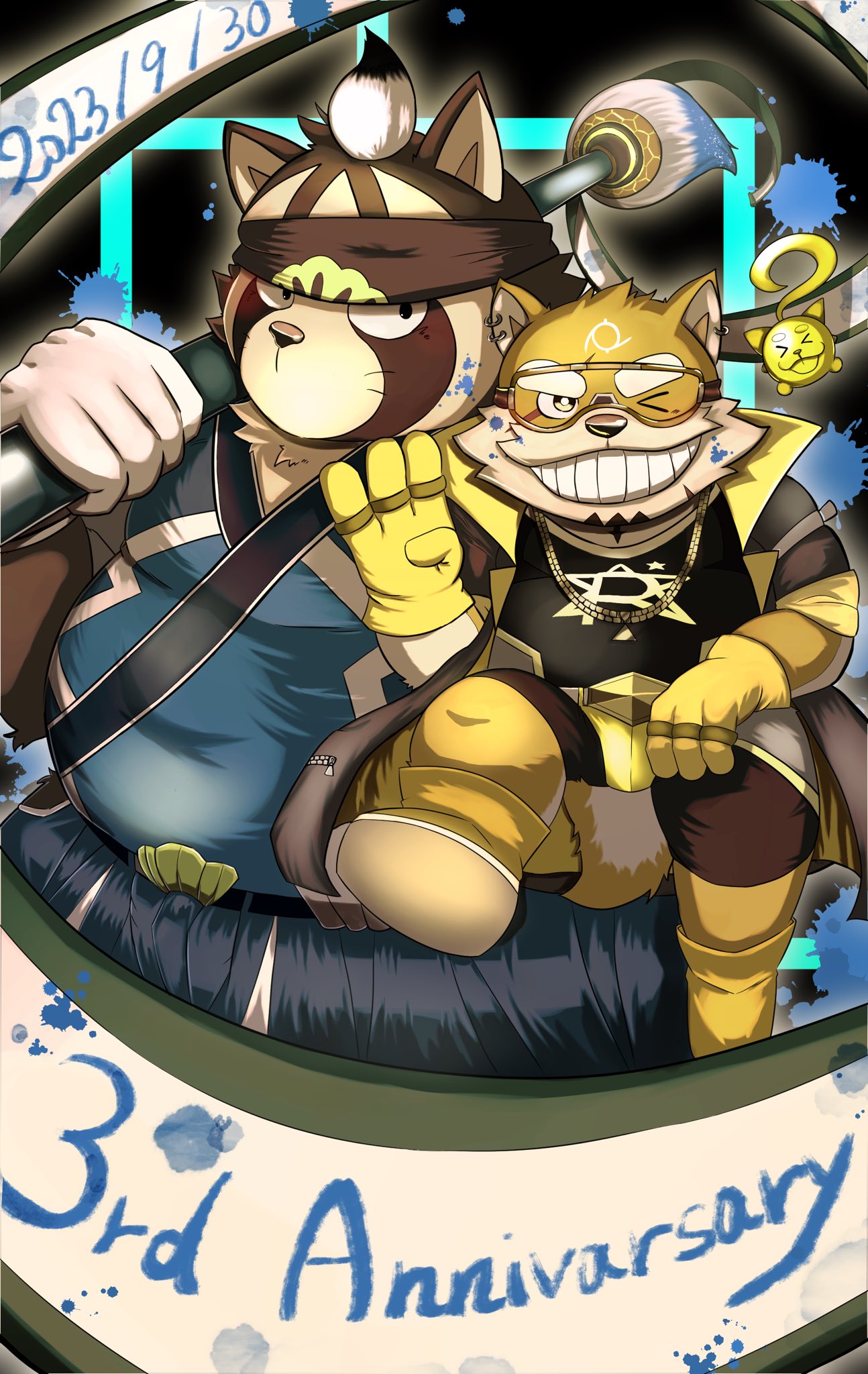 2023 anthro belly big_belly brown_body brush canid canine canis clothing domestic_dog duo gloves handwear hi_res humanoid_hands kemono kt0414143919 lifewonders live_a_hero male mammal one_eye_closed overweight overweight_male paintbrush procy raccoon_dog shoen size_difference skinsuit tanuki tight_clothing visor wink