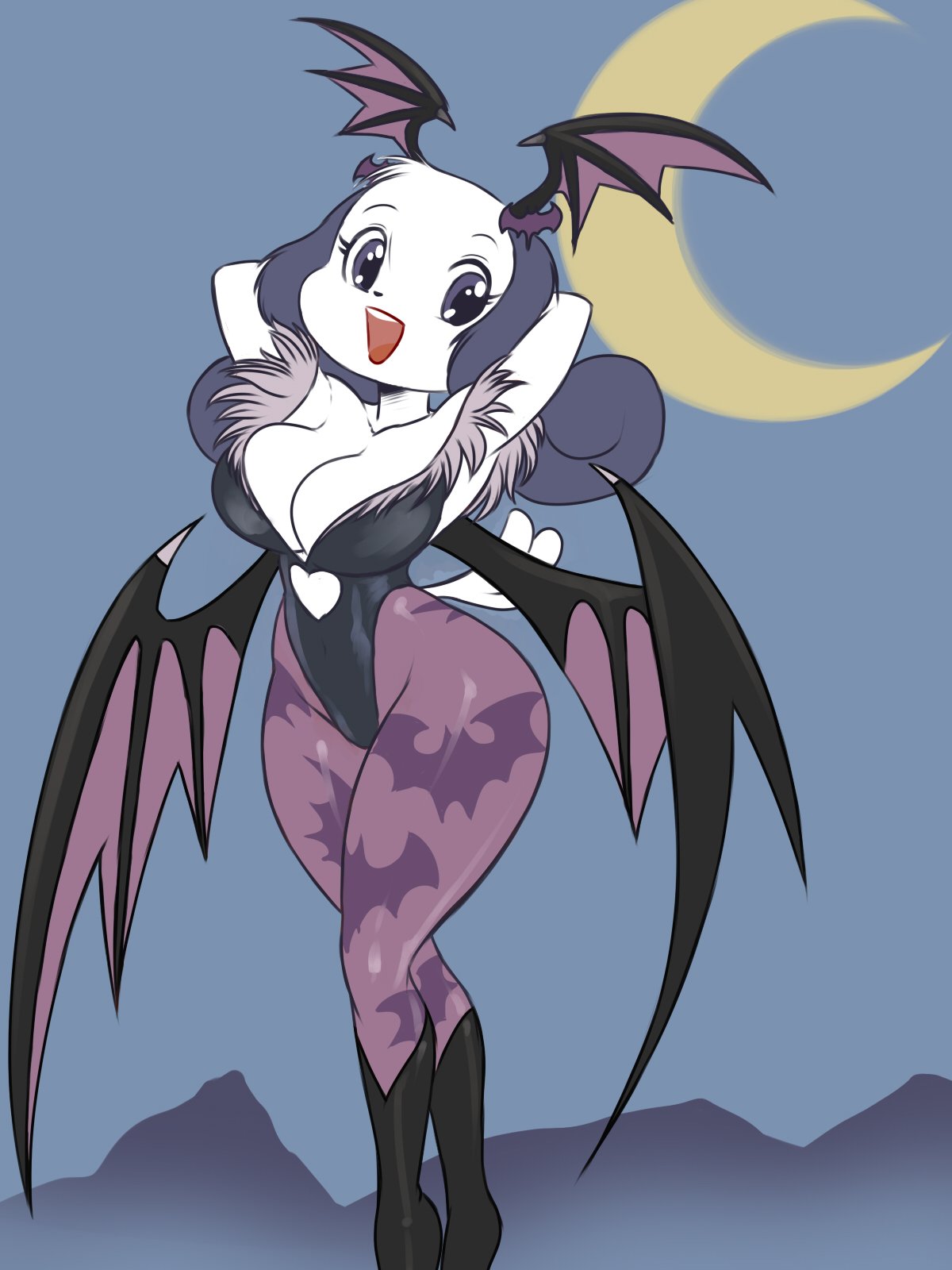 2019 3:4 anthro bat_wings bittersweet_candy_bowl breasts canid canine canis capcom chochi cleavage clothed clothing cosplay curvy_figure darkstalkers digital_media_(artwork) domestic_dog female hi_res hourglass_figure legwear leotard mammal membrane_(anatomy) membranous_wings morrigan_aensland night rachel_(bcb) solo tights webcomic wide_hips wings