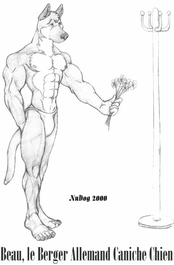 2000 abs anthro black_and_white canid canine clothed clothes_hanger clothing flower french_text graphite_(artwork) holding_flower holding_object male mammal monochrome muscular muscular_anthro muscular_male nipples nudog pecs pencil_(artwork) plant solo text traditional_media_(artwork) underwear underwear_only