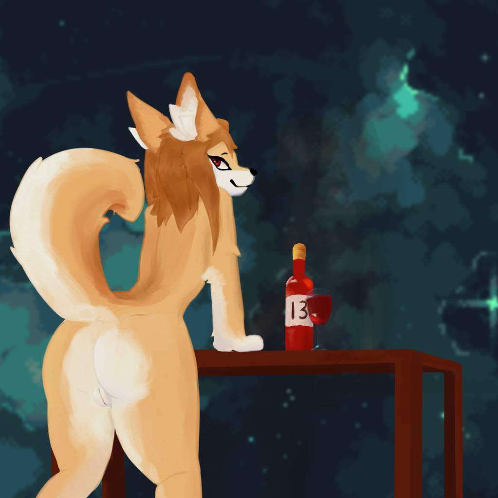 1:1 alcohol anthro arch_blake beverage butt canid canine container cup drinking_glass eyebrows female fox fur furniture genitals glass glass_container glass_cup inner_ear_fluff mammal nude orange_body orange_fur presenting presenting_hindquarters presenting_pussy pussy raised_tail red_eyes solo space_station_13 table tail tuft white_body white_fur wine wine_bottle wine_glass